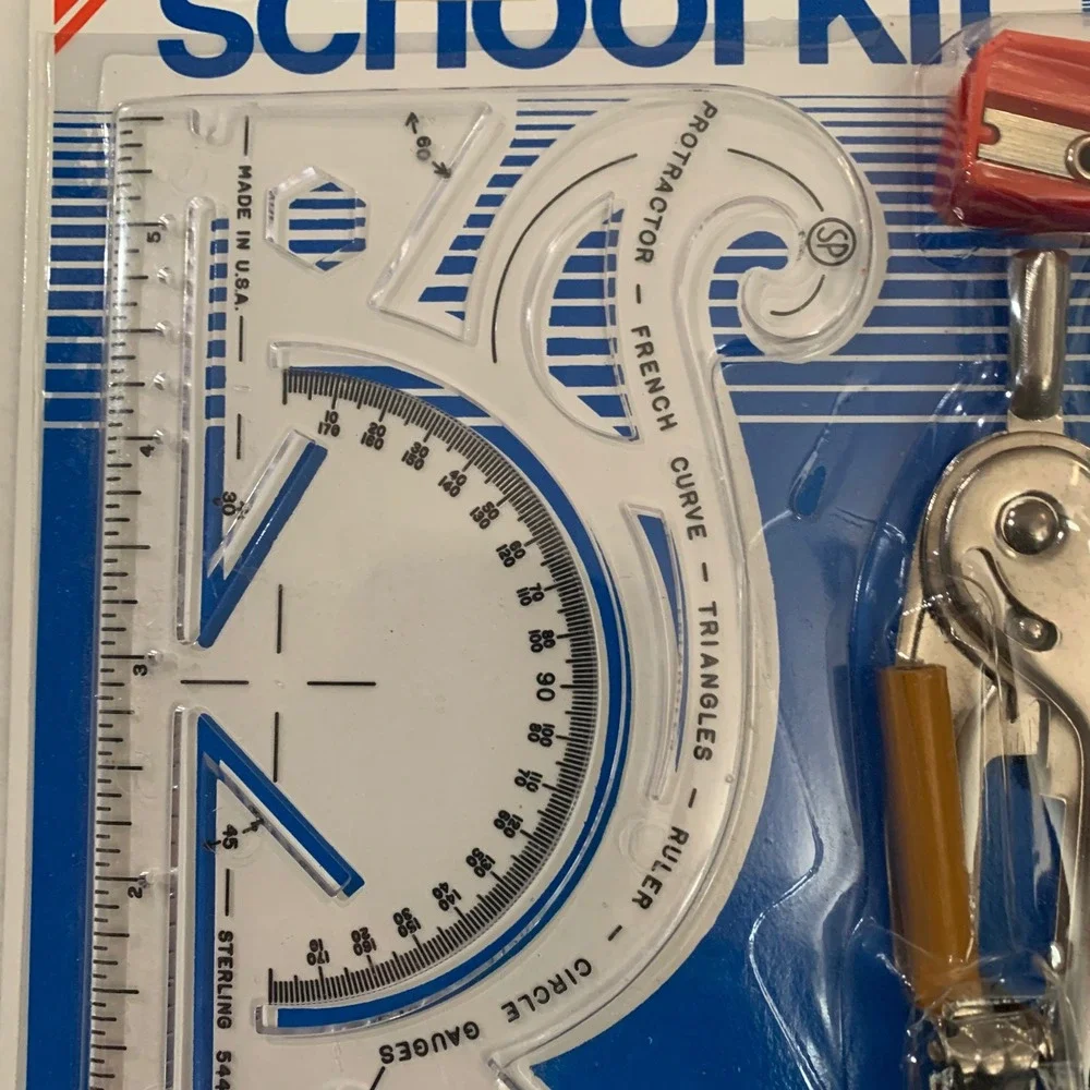 Sterling School‎ Kit 7 in 1 Protractor Metal Compass Sharpener New Vintage NOS